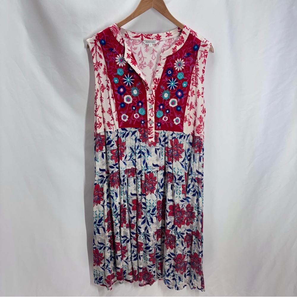 John Mark Summer Dress Embroidered Floral Sleeveless Dress Red Blue